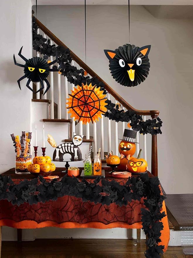 RECUTMS Black Artificial Flower Garland Fake Rose Vine Hanging Rose Vines Fall Maple Garland with Floral,Black Hanging Flowers for Gothic Wedding Decor Autumn Party Halloween Decor