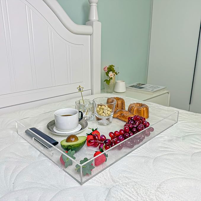 Clear Rectangular 14x20 Inches Acrylic Ottoman Tray Decorative Serving Tray with Cutout Handles Organizer Tray on Coffee Table Countertop Big Breakfast Bed Tray Living Room Appetizer Serving Food