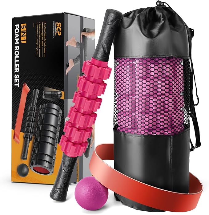 5 in 1 Foam Roller Set for Deep Tissue Muscle Massage, High Density Fitness Exercise Foam Roller, Massage Roller, Massage Ball, Resistance Band, for Whole Body (Pink-Black)
