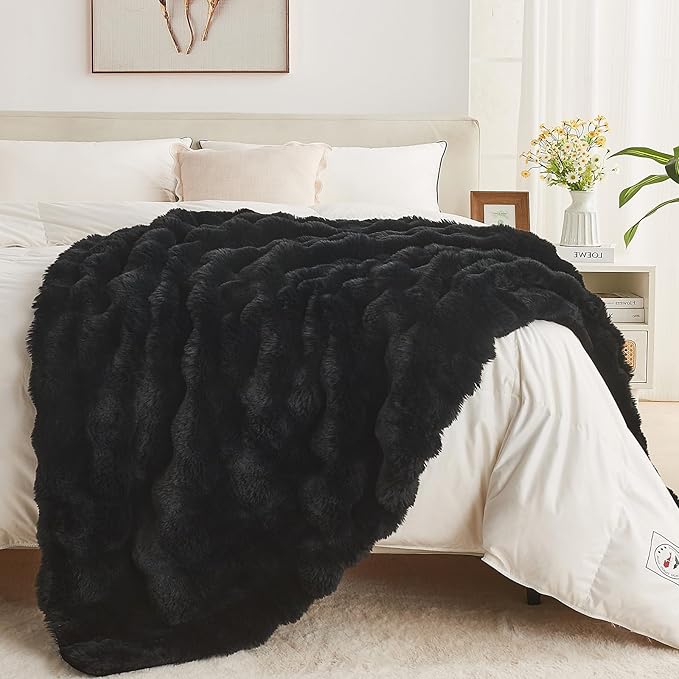 Lotus Karen Faux Fur Blanket Black - Big Bubble Rabbit Fluff King Throw for The Bed Large Fluffy Fuzzy Cozy Thick Furry Plush Shaggy Blankets 108x90 Inches