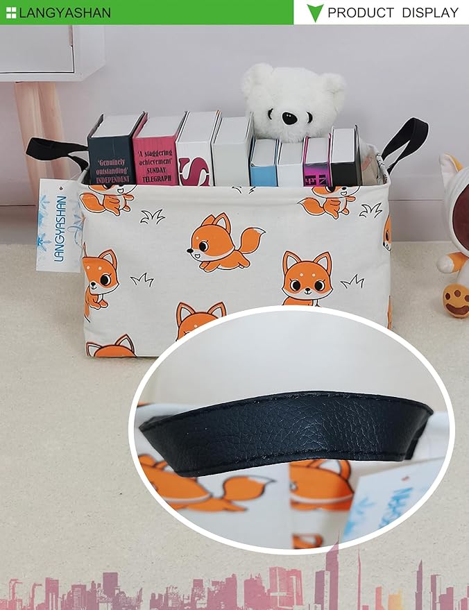 LANGYASHAN Rectangular Storage Bin Collapse Canvas Fabric Cartoon Storage Basket with Handles for Organizing Home Kitchen Boys and Girls Toys Office Closet Shelf Baskets(Rec Fox)