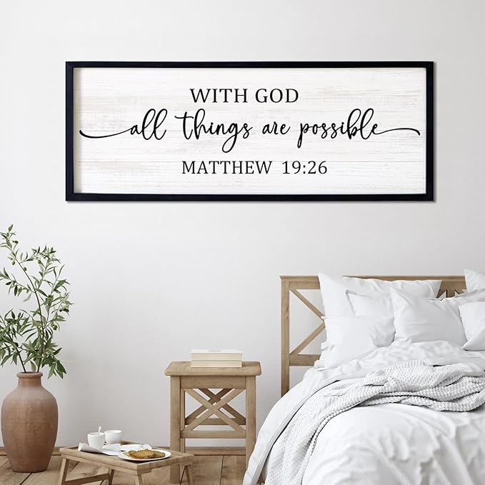 With God All Things are Possible Framed Wall Art, 40''×15'' Positive Holy Religious Rustic Bible Verse for Christian God Jesus Christ Prayer, Vintage Horizontal Inspirational Catholic Scripture Decor