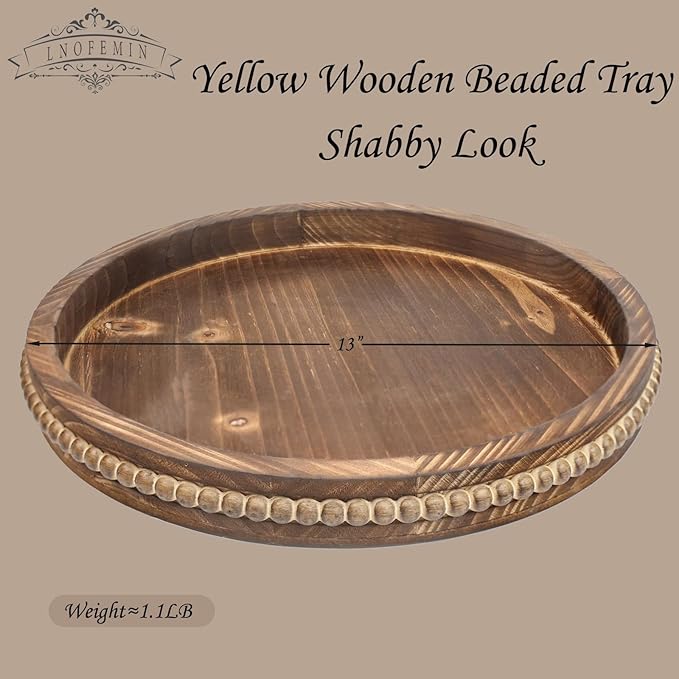 Round Burnt Wood Serving Tray with Beads, Wooden Decorative Tray for Entertaining, Decoration, and Gifting,