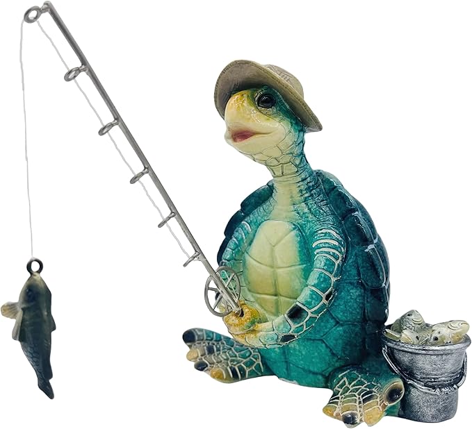 Turtle Fishing Decor, Summer Garden Statues, Nautical Coastal Beach Decorations, Home Office Decor Gifts, Bookshelf Desk Bathroom Tabletop Statue Ornament (Turtle Fishing)