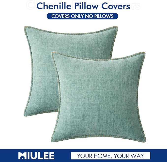 MIULEE Pack of 2 Couch Throw Pillow Covers 18x18 Inch Coastal Aqua Blue Farmhouse Decorative Pillow Covers with Stitched Edge Soft Chenille Solid Dyed Spring Pillow Covers for Sofa Bed Living Room