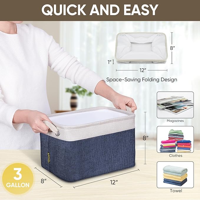 BALEINE 1 Pack Fabric Storage Bins for Shelves, Linen Storage Baskets for Organizing, Decorative Closet Bins for Clothes, Home (Navy Blue, 12"x8"x8")