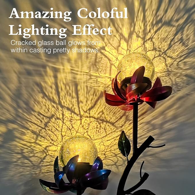 VCUTEKA Solar Garden Light Solar Flowers Light with LED Crackle Glass Globe Solar Lights Outdoor Metal Garden Stake Wind Spinner for Garden Decoration, Patio Decor, Yard Decor and Gift for Mother
