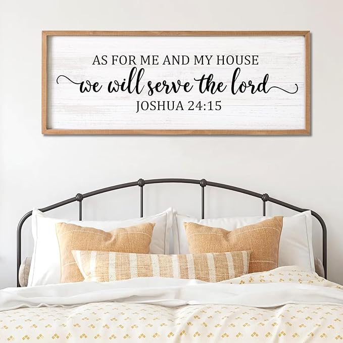 As For Me And My House We Will Serve The Lord Framed Wall Art, 40''×15'' Horizontal Positive Religious Rustic Bible Verse for Christian God Jesus Christ Prayer, Vintage Holy Catholic Scripture Decor