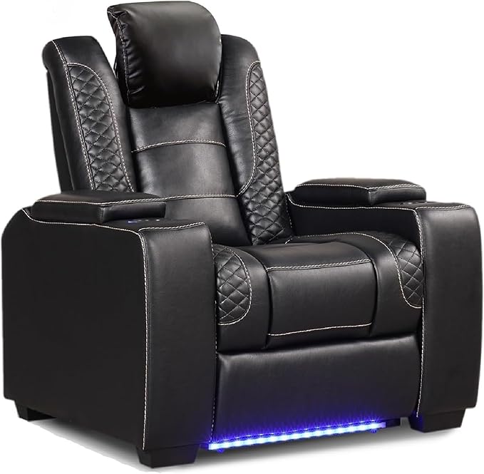 ANJ Power Recliner Home Theater Seating, Electric Recliner Chair with Adjustable Headrest,PU Leather Dual Motor Movie Reclining Chairs with Cup Holders LED Lights,USB Port,Hidden Arm Storage (Black)