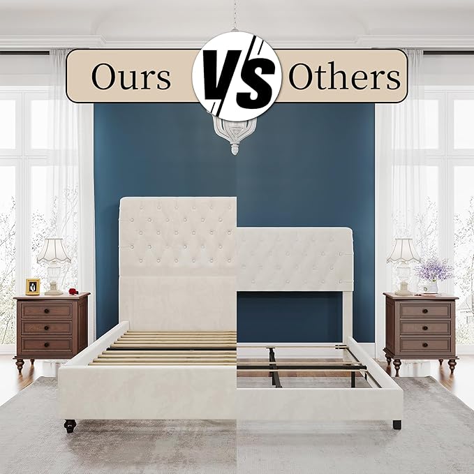 PaPaJet Bed Frame Queen Size Upholstered Platform Bed with 52.8'' Tall Sleigh Headboard, Button Tufted, No Box Spring Needed, Easy Assembly, Cream