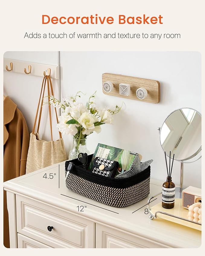 KALLAX Small Woven Basket, 12 x 8 x 4.5 Inches, Storage Basket for Organizing, Cute Small Rope Shelf Closet Cube Storage Bins Baskets for Shelves, Dog Toy Gift Baskets Empty, 3 Pack Black & Brown