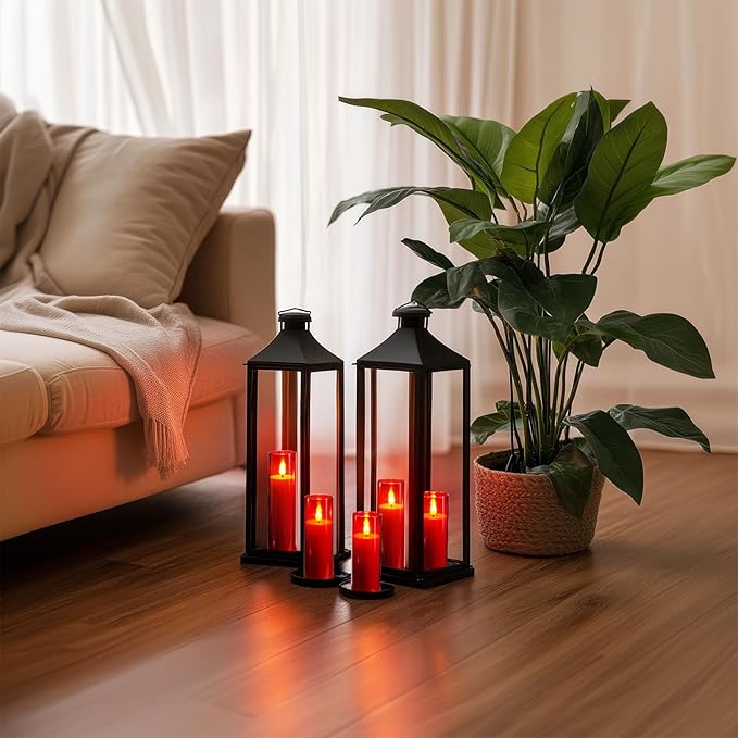 Amagic Christmas Red Flameless Candles, Battery Operated Candles with Remote and Timer, Acrylic Flickering LED Candles for Thanksgiving Decor, D2.2''xH5''6" 7", Set of 9