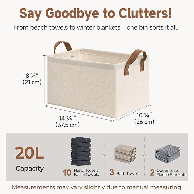 StorageWorks Storage Bins, Shelves Baskets for Organizing, Fabric Closet Organizers with Handles, Metal Frame, Beige（Cotton-linen）, 2-Pack