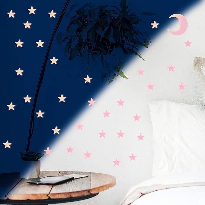 100 Stars and 1 Moon Glow in The Dark Luminous Fluorescent 3D Plastic Glow Stars Moon for Ceiling, Glowing Wall Stickers Create a Realistic Starry Sky, Room Decorations (Pink)