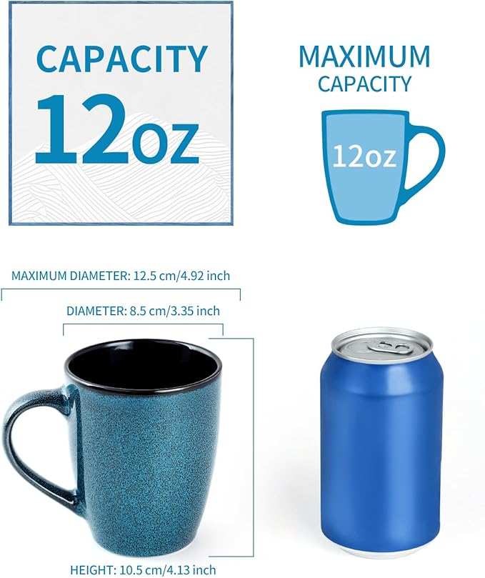 Ceramic Coffee Mugs 12oz, Set of 6 - Large With Handle for Men, Women, Dad, Mom - Modern Cups for Tea, Latte, Cappuccino, Cocoa (6 Pack)