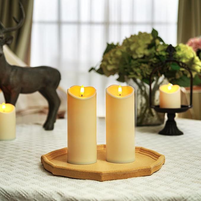 Homemory 3"x8" Outdoor Waterproof Flameless Candles, LED Candles, Battery Operated Candles with Remote and Timers, Electric Fake Plastic Pillar Candles, Dark Ivory, Set of 2