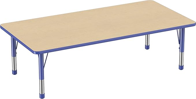 FDP Rectangle Activity School and Classroom Kids Table (36 x 72 inch), Toddler Legs, Adjustable Height 15-24 inches - Maple Top and Blue Edge