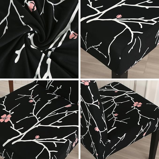 JQinHome Pattern Chair Covers for Dining Room Set of 6, High Stretch Removable Washable Parsons Chair Slipcover for Home Party Hotel Wedding Ceremony (Flourish Black,6PCS)