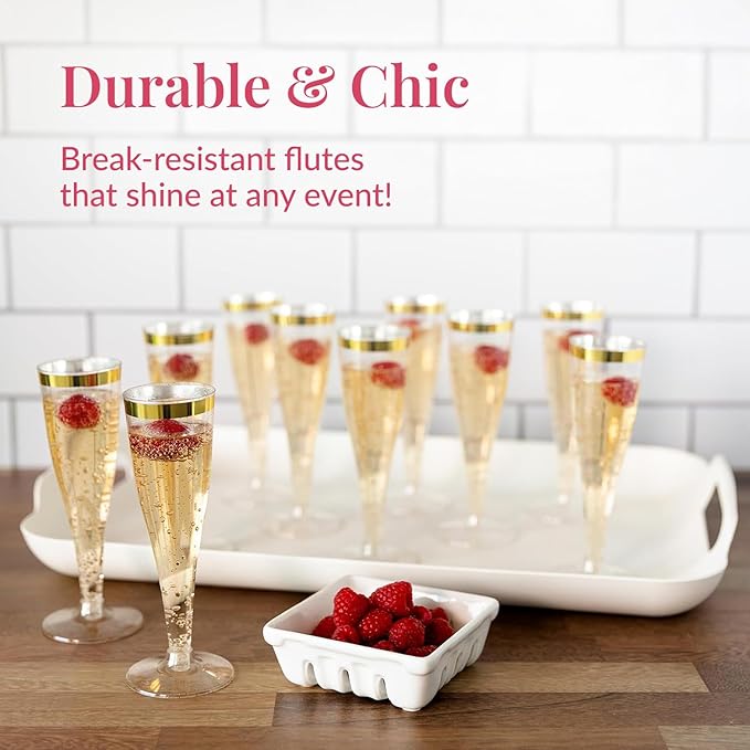 Prestee 48 Disposable Plastic Champagne Flutes with Gold Rim Glitter - Clear Toasting Glasses for Mimosa, New Year’s Eve Party, and Elegant Celebrations - Premium Quality Disposable Stemware