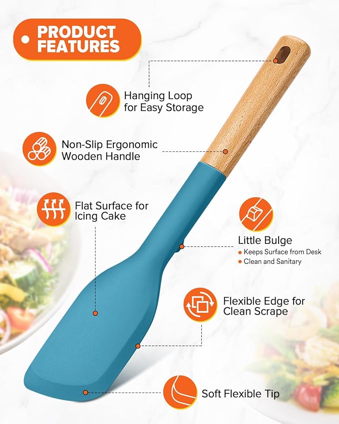 Cooking Spoon and Scraper for Nonstick Cookwares, Great for Cooking and Serving Durable BPA-Free Matte Silicone, Wood Handle Multifunction Spoon for Mixing, Scoop, and Scrape (BLUE)
