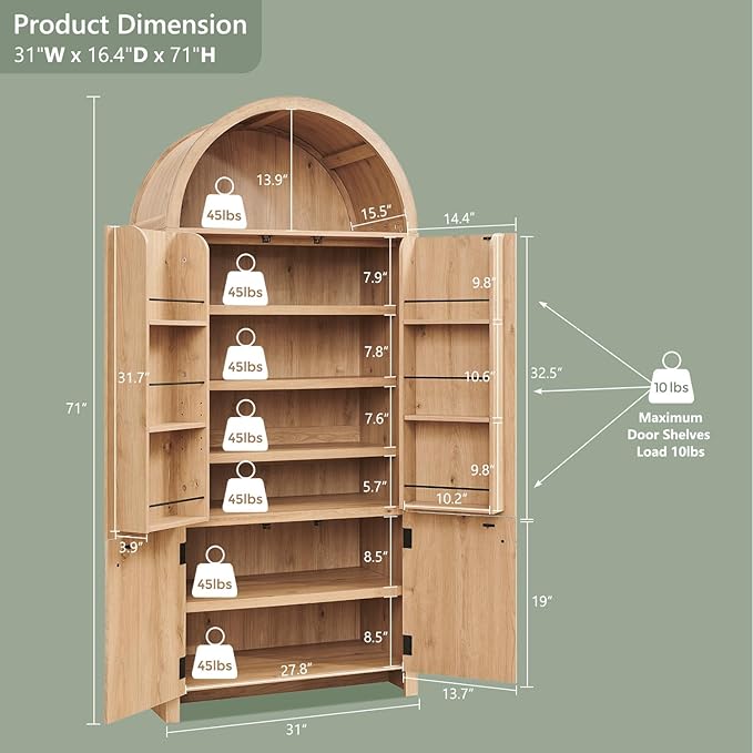 71" Tall Arched Bathroom Storage Cabinet, Modern Fluted Storage Cabinet w/Doors, 3 Adjustable Shelves, 6 Door Shelves, Wood Freestanding Cabinet for Bathroom, Entryway, Hallway, Natural