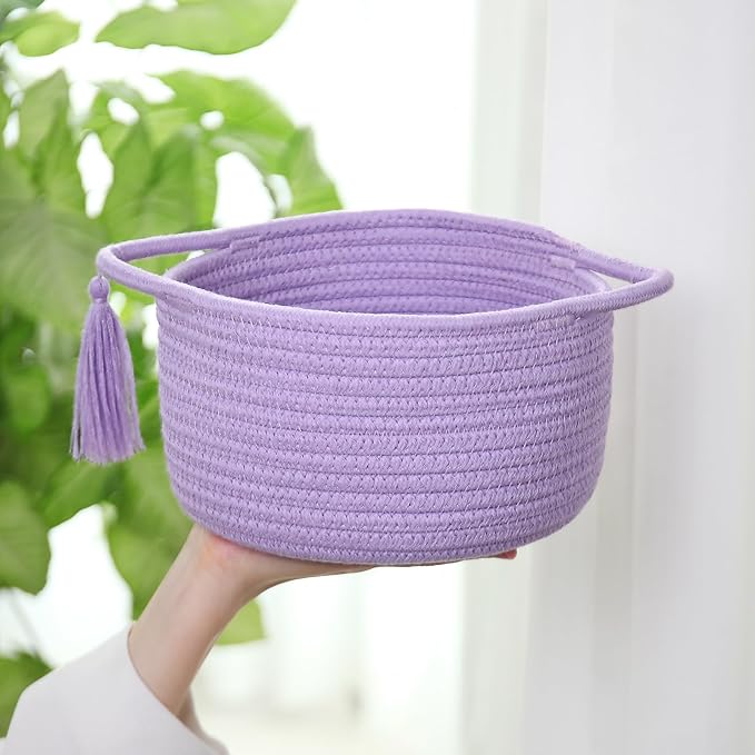Small Purple Basket, Cute Woven Gift baskets with Cellophane Wrap set for Girl, Decorative Cotton Rope Container Bin, Little Makeup Brushes Holder for Bathroom Counter, Vanity, Cosmetics – lavender