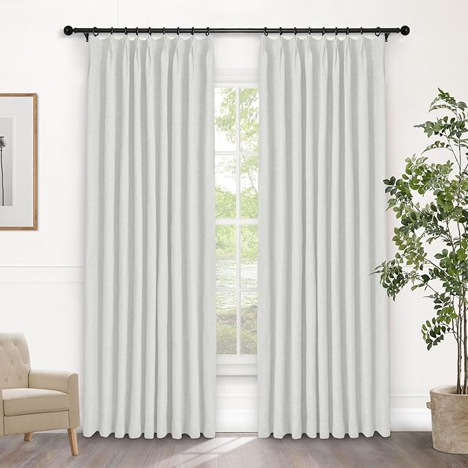 Macochico 52”Wx96”L 100% Blackout Curtains for Bedroom Living Room Nursery Greyish White Pinch Pleated Linen Curtains Farmhouse Burlap Drapes Thermal Window Panels with Hooks and Tieback 1 Panel