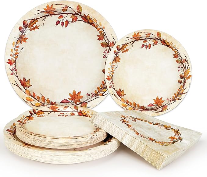 Homlouue 200 Pcs Fall Paper Plates and Napkins, Watercolor Disposable Dinnerware Set, Autumn Leaves Thanksgiving Party Supplies, Serve 50 Guests