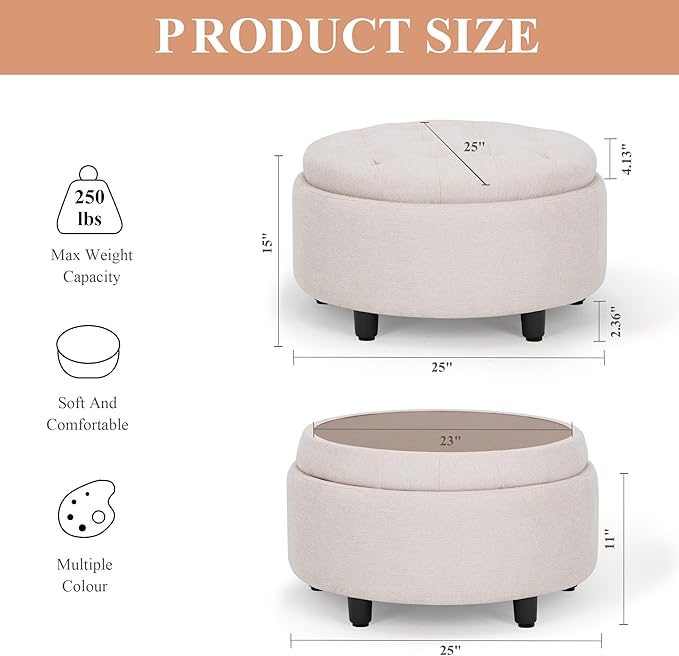 COLAMY Fabric Round Storage Ottoman with Reversible Tray Lid – Multi-Functional Footrest, Hidden Storage, Sturdy & Stylish Small Coffee Table for Living Room, Bedroom, or Entryway(Beige)