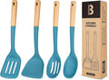 Silicone Cooking Utensils Set, Perfectly Angled for Frying, Mixing,Serving,Draining,Turning and Stirring, BPA-Free Matte Silicone, Wood Handles, Safe for Nonstick Cooking Surfaces,4 Pack (Blue)