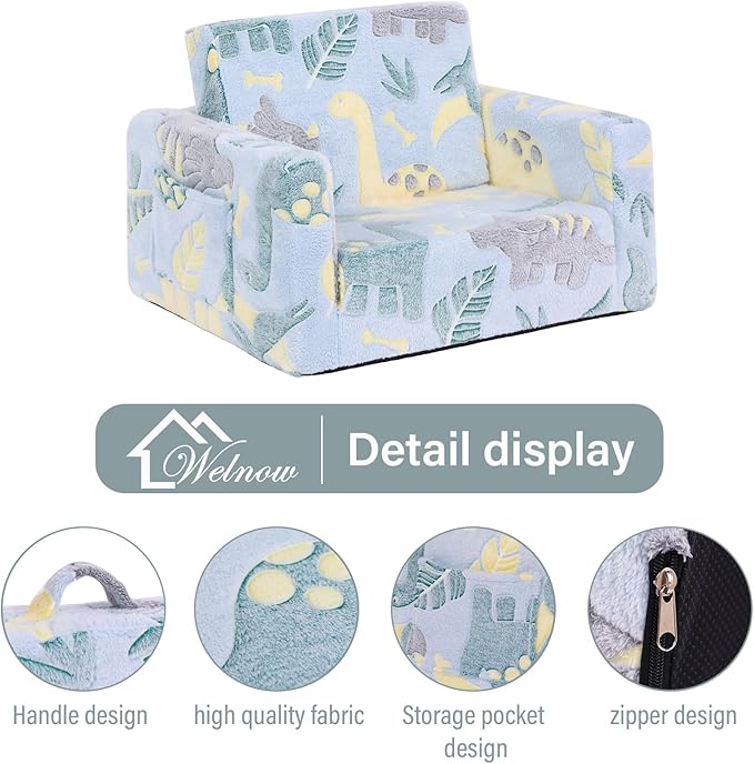 Welnow 2-in-1 Kids Sofa Chair, Glow in The Dark Convertible Toddler Chair Flip Out Children Sofa Folding Kids Play Sofa with Side Pockets & Removable Cover Armrest Chair for Girl or Boy