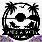 Personalized Beach Metal Monogram Sign, Custom Palm Trees Metal Name Sign, Outdoor Metal Family Name Sign, Custom Last Name Sign, Beach Coastal House Decor