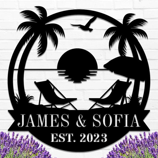 Personalized Beach Metal Monogram Sign, Custom Palm Trees Metal Name Sign, Outdoor Metal Family Name Sign, Custom Last Name Sign, Beach Coastal House Decor