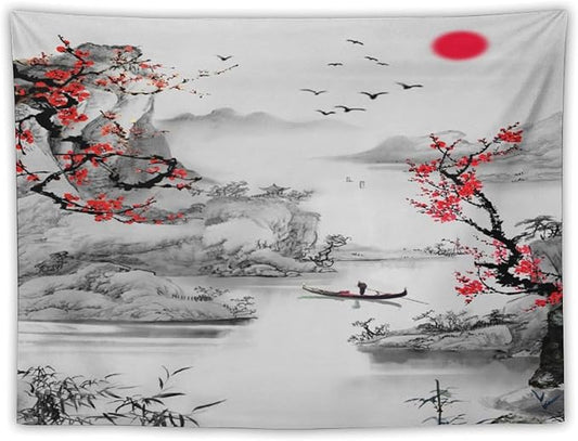 Cherry Blossoms Tapestry, Japanese Red Landscape Watercolor Abstract Art, Asian Japanese Wall Tapestry, Nature Landscape Tapestries for Bedroom Living Room Decor 90"x60"
