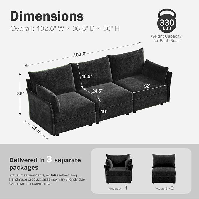 102.6" Modular Sectional Sofa, Oversized 3-Seater Couch with Removable Black Chenille Fabric Cover, Deep Seat & High Backrest for Living Room, Office & Apartment