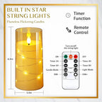 NURADA 3"x6"Flickering Flameless Candles: Built-in Star String Lights Acrylic Battery Operated LED Pillar Candles with Remote and Timer for Romantic Mood Home Decoration - 2 Pack Gold