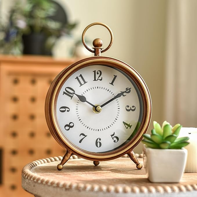 Small Gold Table and Shelf Desk Clock,Vintage Small Table Clock on Stand, Decorative Desk and Shelf Clock Farmhouse Mantel Non-Ticking Clock Rustic Metal Frame with Antique Gold Finish