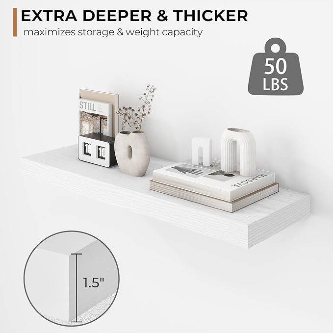 Fun Memories 24 Inch Floating Shelves - Deep Rustic White Wooden Wall Shelves - Extra Deeper & Thicker Wall Mounted Storage Shelf for Bedroom, Kitchen, Farmhouse - 2 Pack, Rustic White