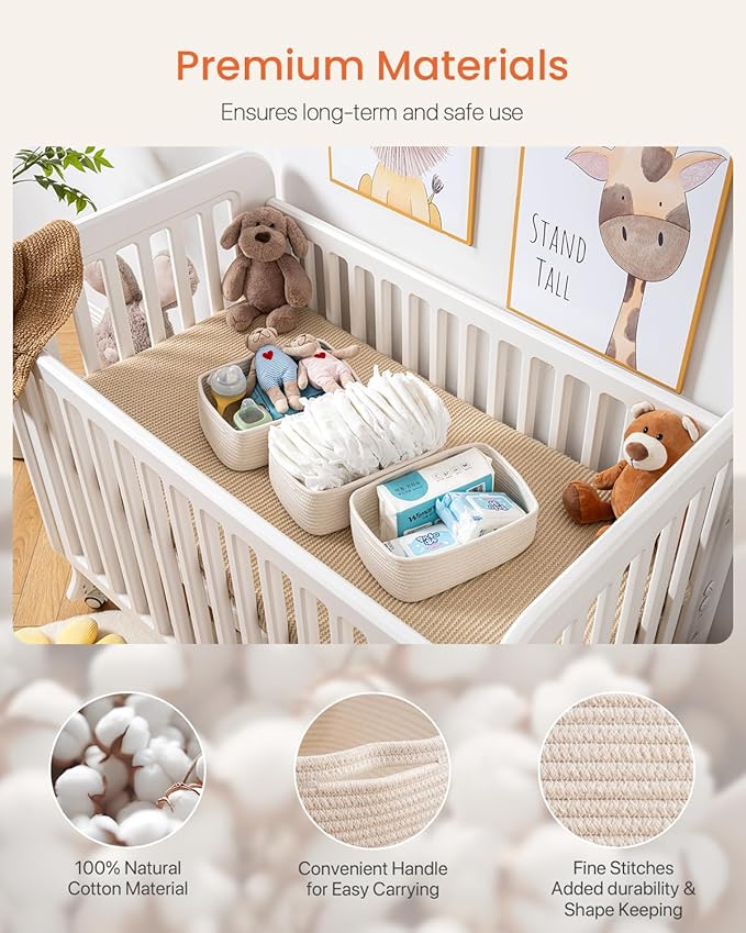KALLAX Small Woven Basket, 12 x 8 x 4.5 Inches, Storage Basket for Organizing, Cute Small Rope Shelf Closet Cube Storage Bins Baskets for Shelves, Dog Toy Gift Baskets Empty, 3 Packs, Off White