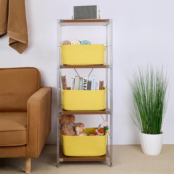 Large Storage Baskets for Organizing, Closet Shelf Baskets for Clothes Blanket Towels, Baby Nursery, Toy Bins Box, Woven Rope Baskets, 17 x 13 x 7.5”, 4 Packs Yellow