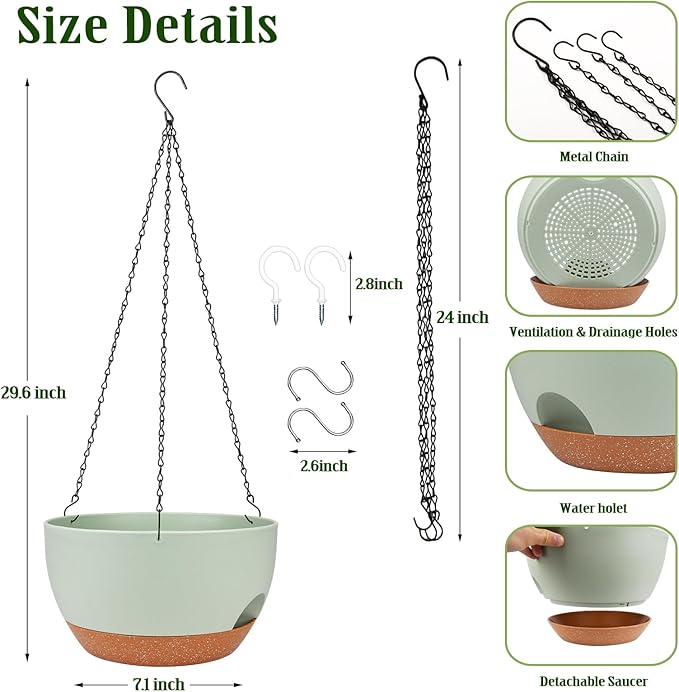 Hanging Planters for Outdoor Indoor Plants, 2 Pack 12 Inch Hanging Basket Plants Outdoor, Self Watering Hanging Planter with Plant Hanger for Garden Home Decoration (Green)
