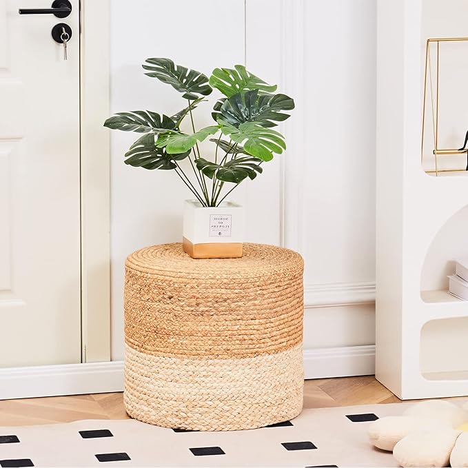 Wimarsbon 18'' Pouf Ottoman, Natural Braided Poof, Round Poufs, Rustic Handweave Lounge Pouffe, Boho Footrest Stool for Bedroom, Accent Table or Seat for Patio, Living Room