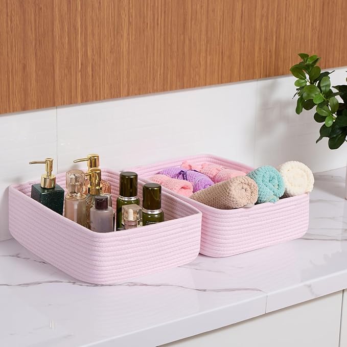 Large Shallow Organizing Baskets 15x11x5.1 Inches - Rope Woven Storage Bins for Bathroom, Shelves, Cube Closet, Light Pink 2 Packs