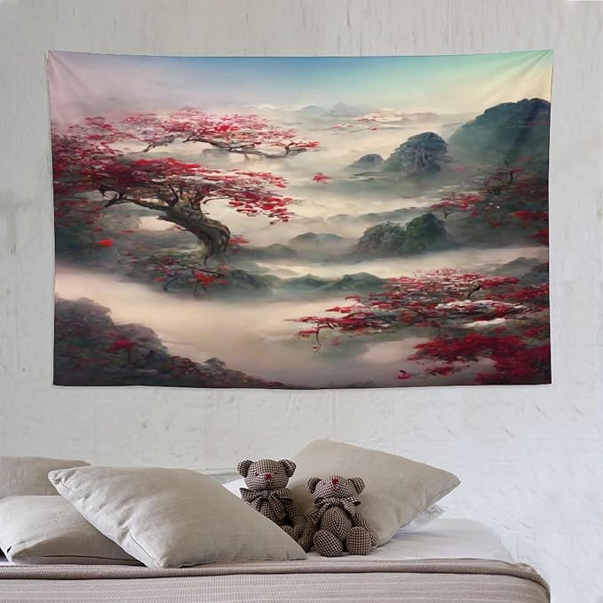 Japanese Tapestry, Red Plum Cherry Blossom Mountain Tapestry, Asian Japanese Wall Tapestry, Nature Landscape Tapestries for Bedroom Living Room Decor 90"x60"