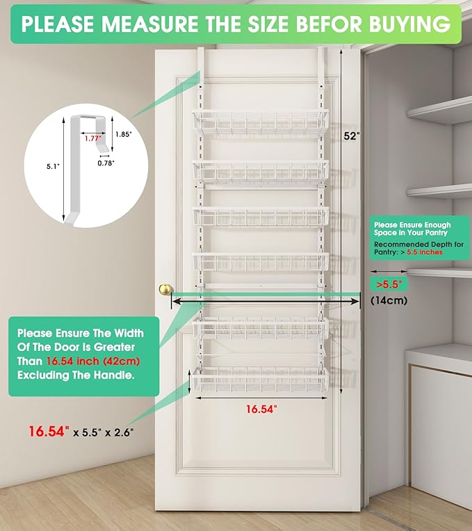 Over The Door Pantry Organizer, Wall Mount Spice Rack, Pantry Hanging Storage and Organization, 6 Adjustable Baskets Heavy-Duty Metal for Home & Kitchen, Back of Door Seasoning Rack - White