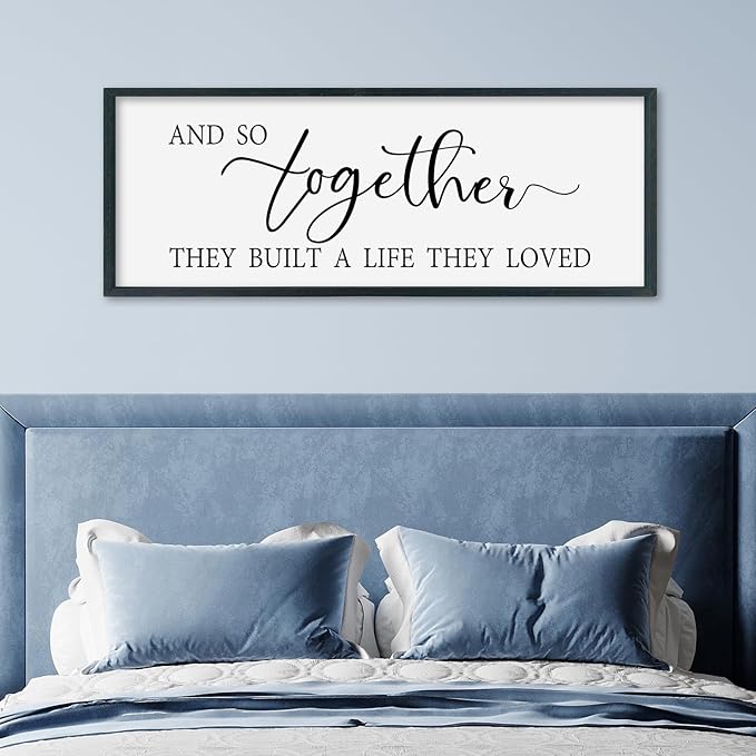SRSZHIYUE And So Together They Built A Life They Loved Above Bed Sign Wall Decor Art 32"×12" for Master Bedroom Over Bed Large Wood Framed Wall Hanging (Black)