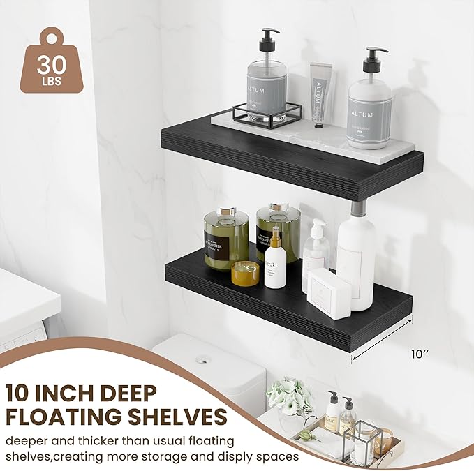 Fun Memories 24 Inch Floating Shelves Wall Mounted, 10 Inch Deep Wall Shelves, 24 x 10 Floating Shelf for Living Room Bathroom Bedroom, Black, Set of 2