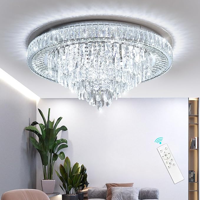 Modern Chandeliers for Living Room Crystal Ceiling Light Fixture LED Dimmable Lamp with Remote Pendant Lighting Flush Mount Ceiling Lighting for Dining Room Bedrooms