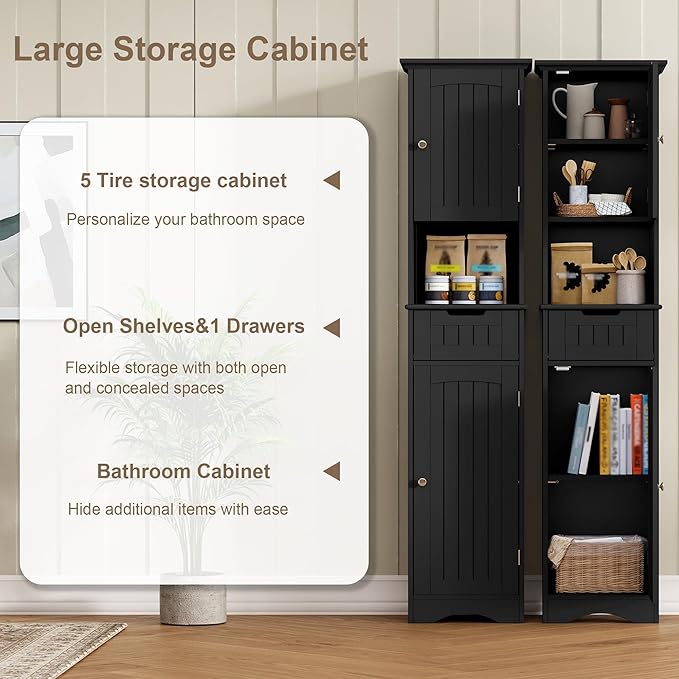 ChooChoo 67" Tall Bathroom Storage Cabinet Freestanding with Adjustable Shelves, Narrow Storage Linen Cabinet with 2 Doors and 1 Drawers for Bathroom, Living Room, Kitchen, Black