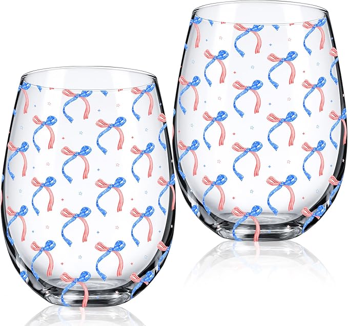 Sliner 2 Pack Patriotic Stemless Wine Glasses 17oz Red Blue Bow Drinking Glasses Independence Day Tumbler Cups for 4th of July Party Supplies Memorial Day Gift Decorations